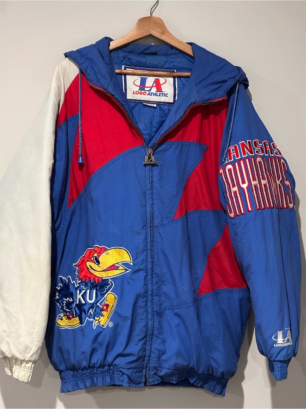 Vintage Logo Athletic Kansas Jayhawks Hooded Puffer Jacket Men’s Medium KU NCAA
